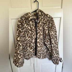 Lucky Brand Faux Fur Leopard-Style Zip Jacket - Brown, Cream & Black